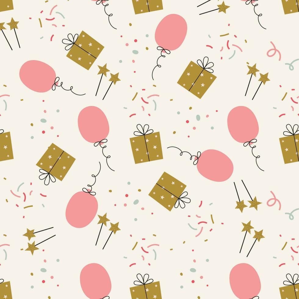 Happy Birthday Seamless Pattern with gift and balloons. Vector illustration in a simple hand drawn style