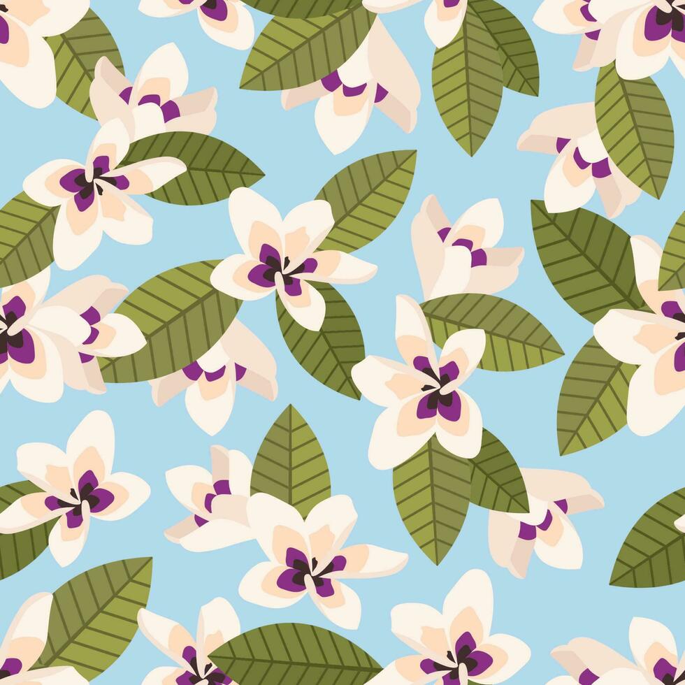 Seamless pattern with plumeria flowers, rich leaves, fresh foliage. Nature design with sakura blossoms for wrapping paper, cover, fabric, interior decor, stationery design, print, wallpaper. Vector
