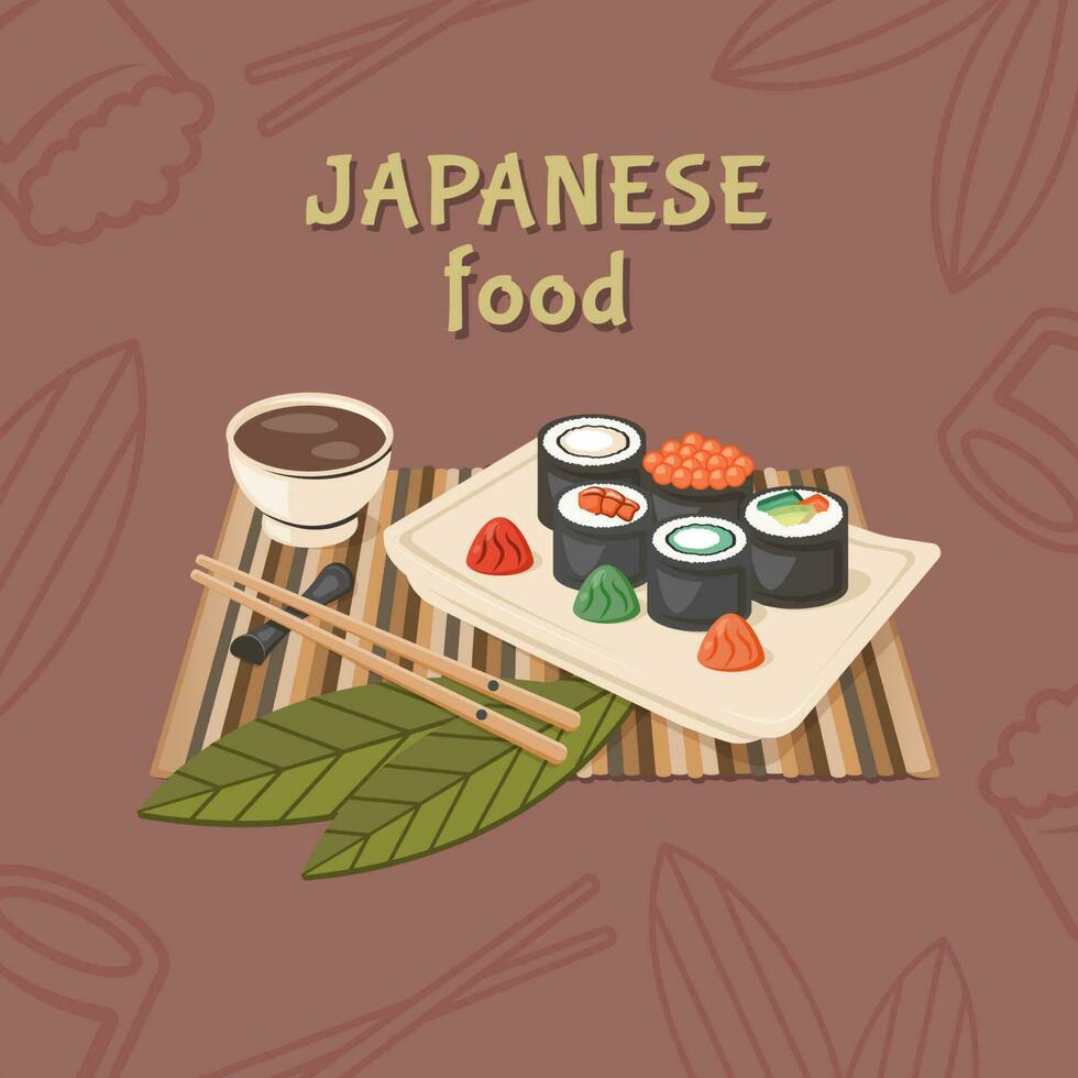 Japanese food. Traditional oriental dish closeup with nigiri sushi roll, sashimi raw fish, seafood, caviar, shrimp, avocado, chopsticks, sauce. Vector illustration for cooking concept