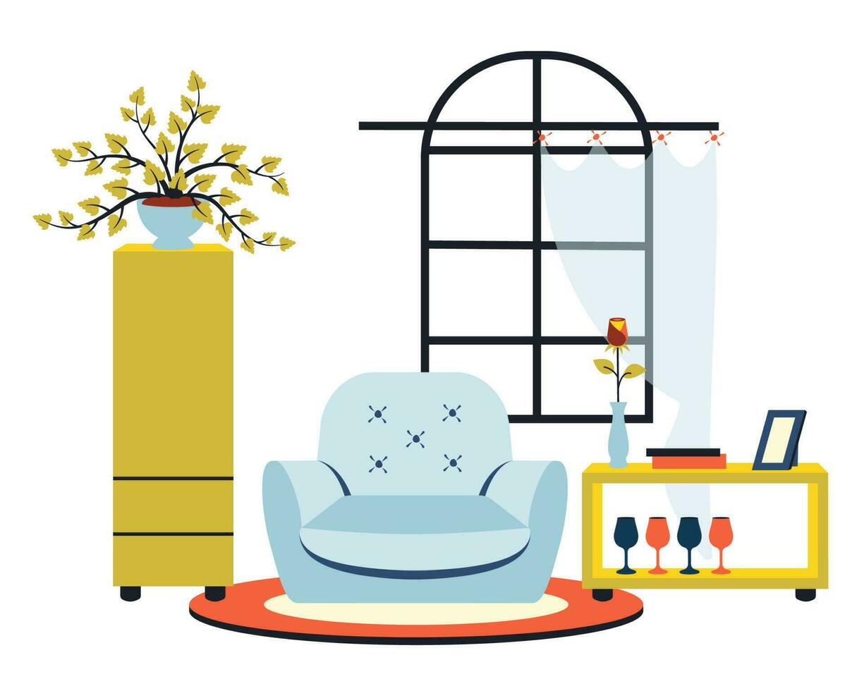 Cozy home interior. Modern living room. House furniture. Armchair, house plants, coffee tables, house plant, window. Trendy indoor template. Vector flat cartoon illustration