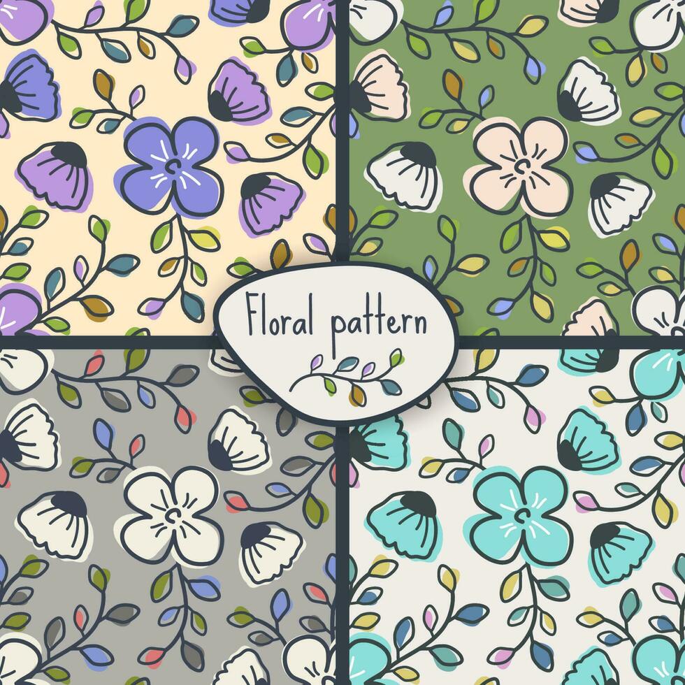 Set of floral seamless pattern with garden and field plants, blooming wildflowers, buds, grass. Flower backgrounds. Vector illustration for wrapping paper, cover, fabric, interior decor, print
