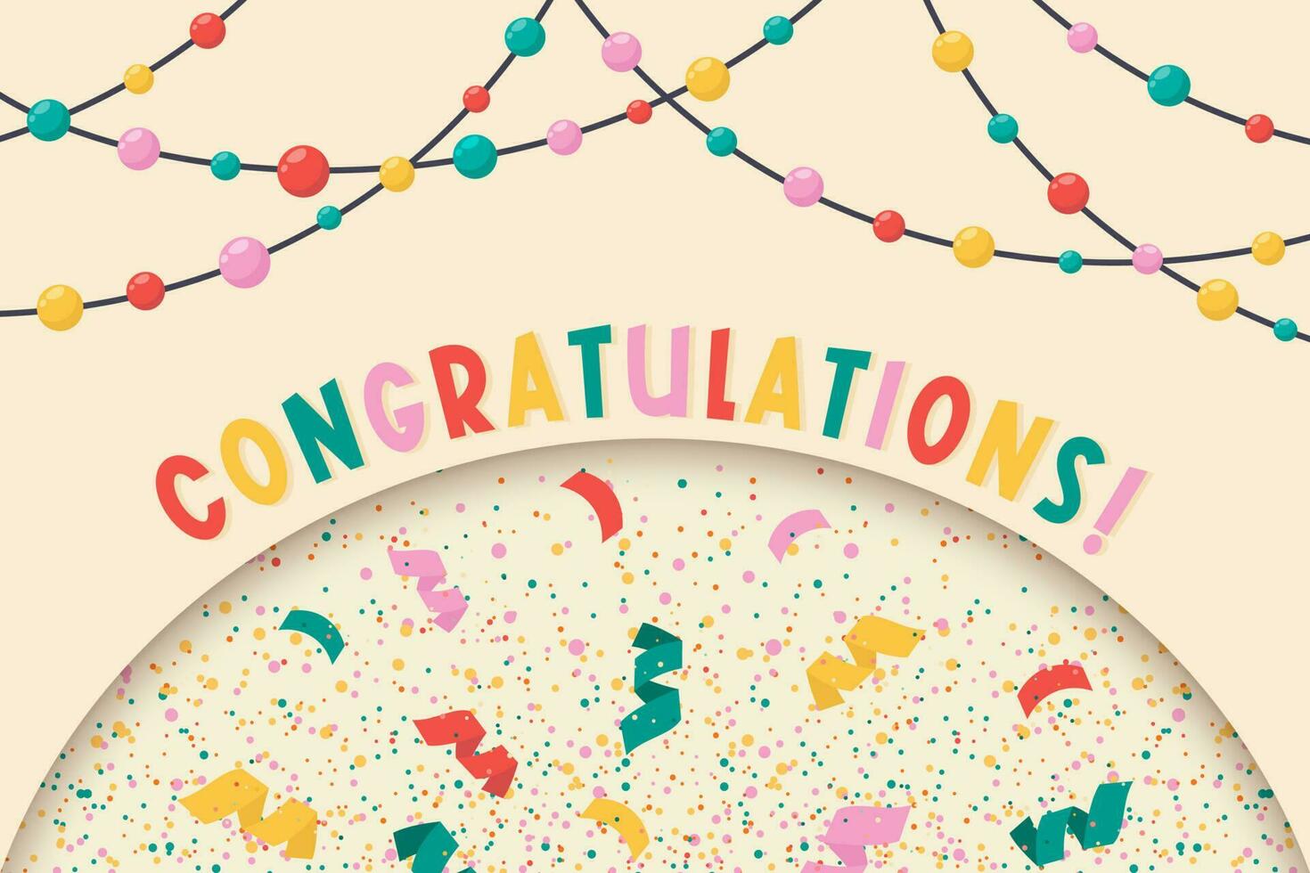 Congratulations banner. Colorful festive template with light, confetti, greeting lettering. Vector flat illustration for birthday, invitation,  card, poster, award concept