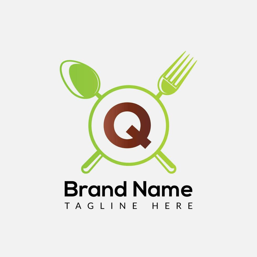 Restaurant Logo On Letter Q Template. Food On Q Letter, Initial Chef Sign Concept vector