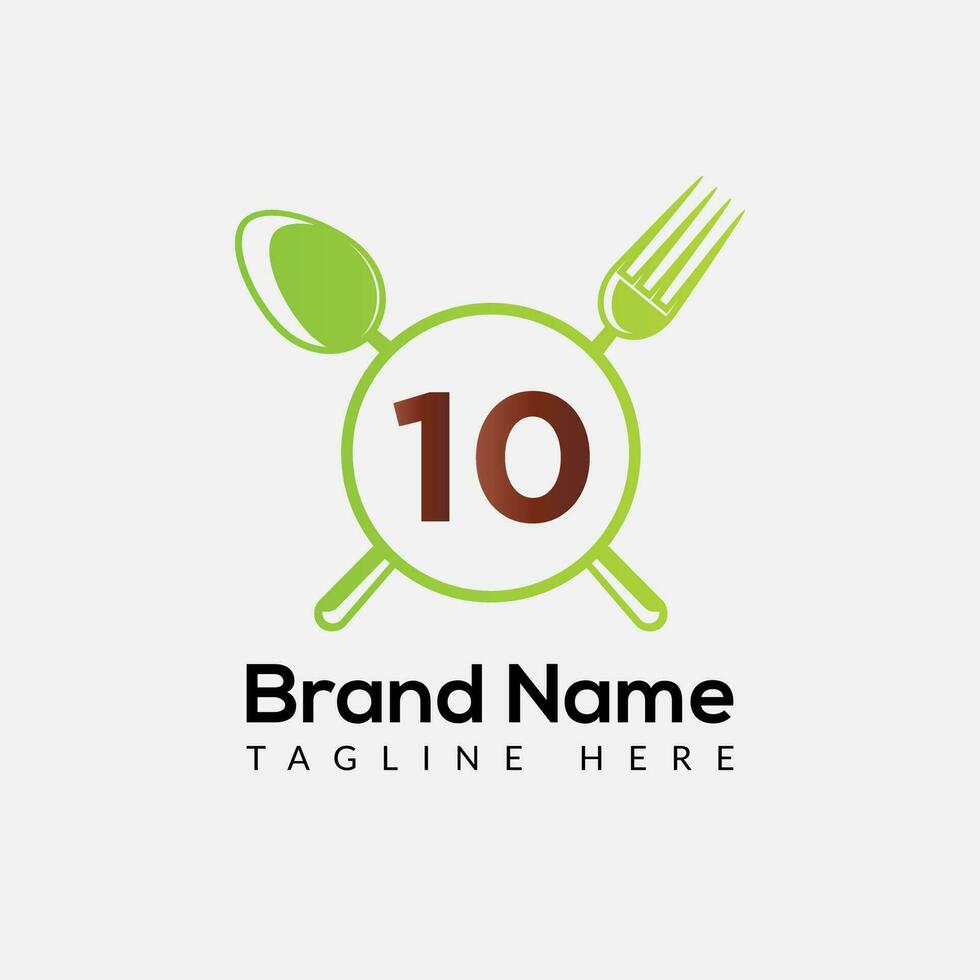 Restaurant Logo On Letter 10 Template. Food On 10 Letter, Initial Chef Sign Concept vector