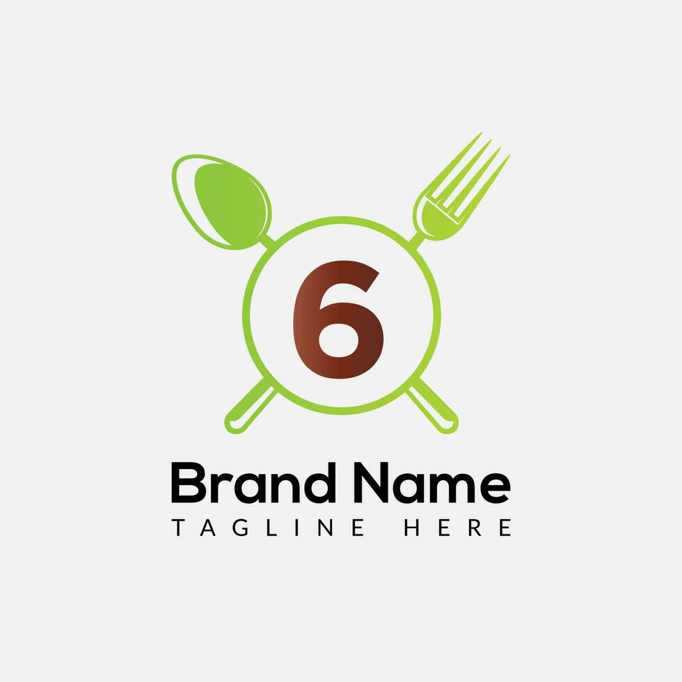 Restaurant Logo On Letter 6 Template. Food On 6 Letter, Initial Chef Sign Concept vector