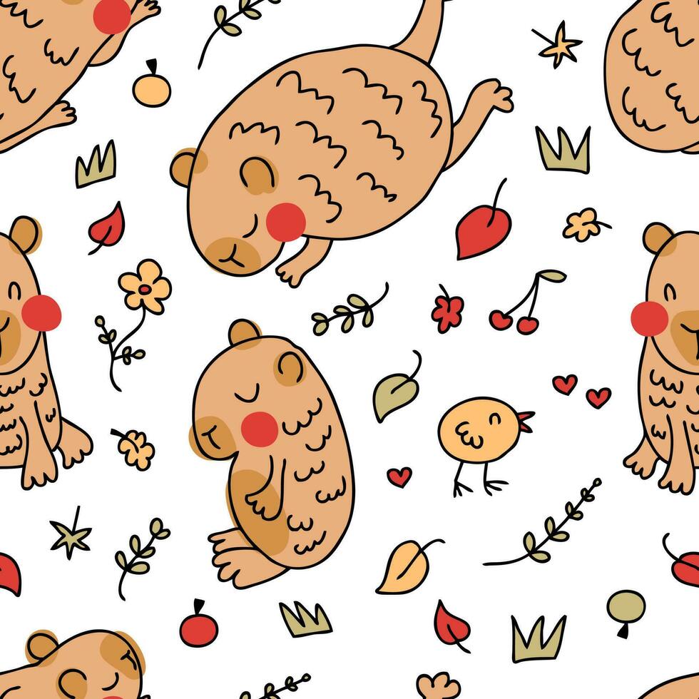 Hand drawn chibi capybaras seamless pattern in doodle style. Perfect kawaii print for tee, paper, textile and fabric. vector