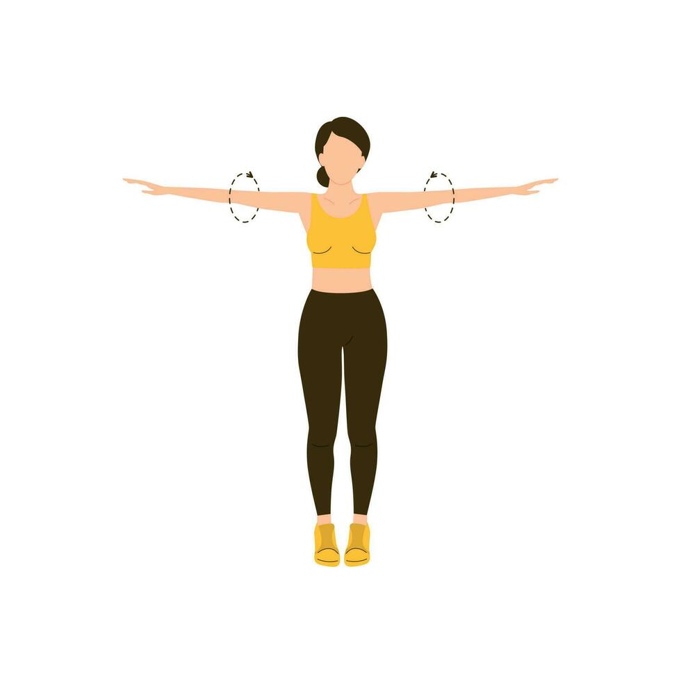 Woman demonstrates how to do shoulder and arm rotation. Female exercise with arm circle posture for warm up. Vector flat illustration isolated on white background.