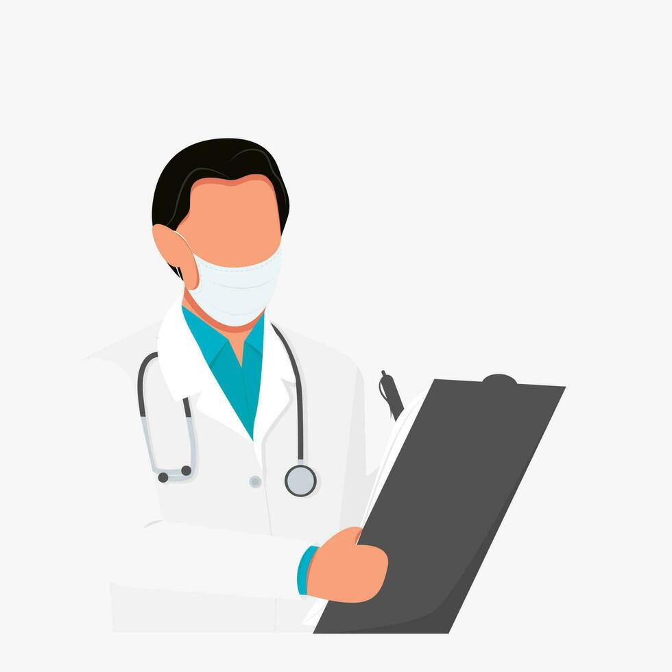 Young doctor holding a tablet for writing in mask and uniform with a stethoscope isolated on the white background. Flat vector illustration