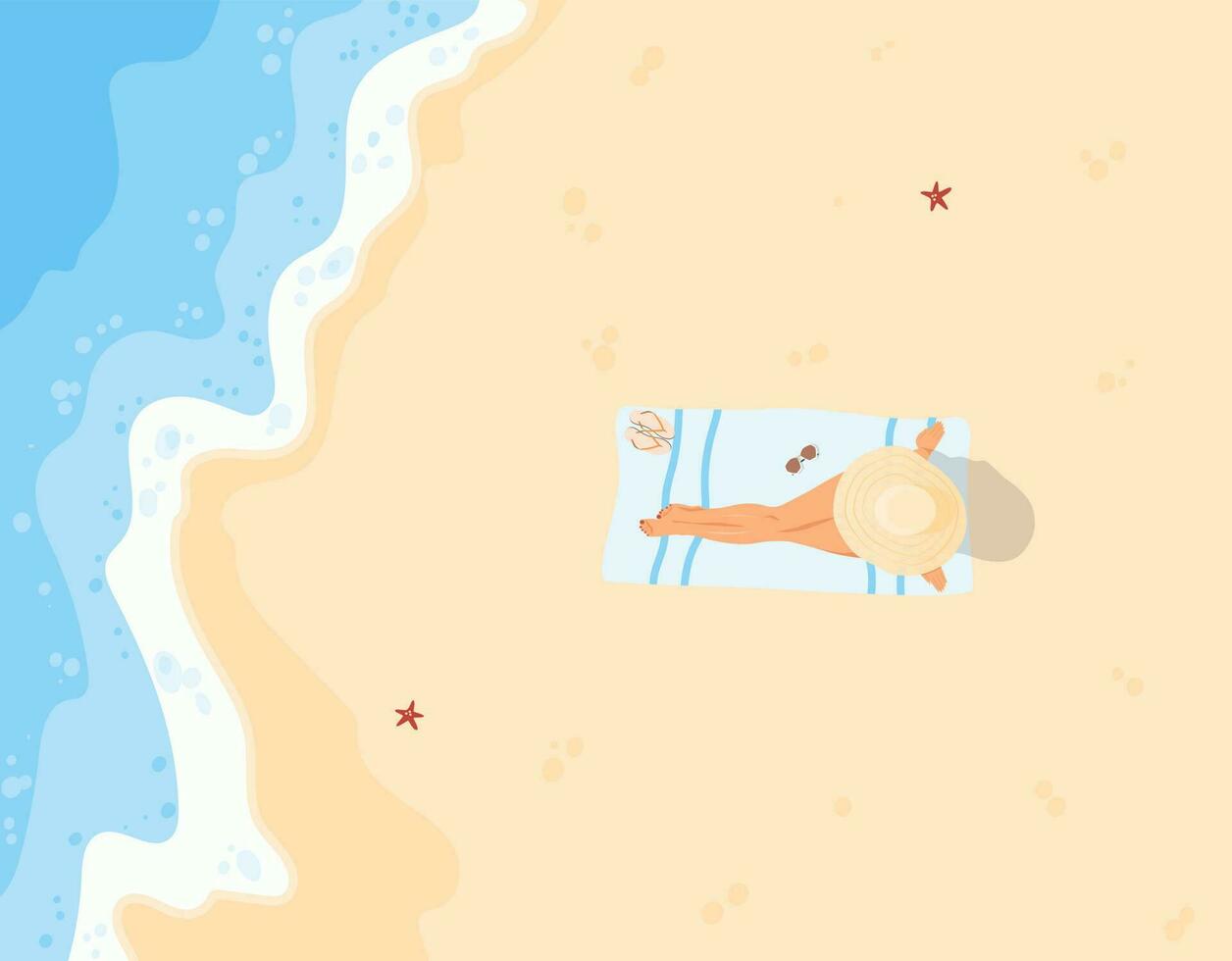 Woman sunbathing on beach in bikini and straw hat. Girl on a towel near the sea. Sexy lady on a vacation. Top view. Flat vector illustration.