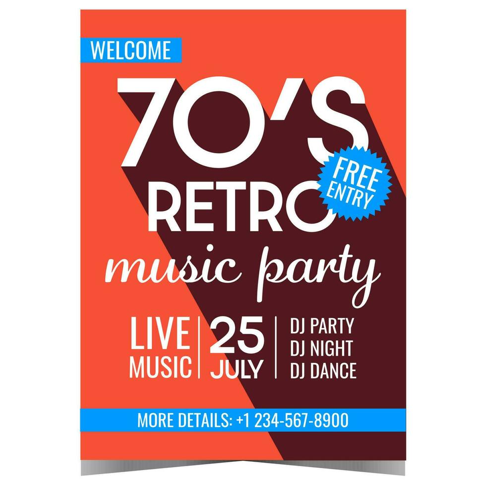 Retro music party vector illustration design on orange background. Promo banner, poster, leaflet or flyer for 70's retro concert, festival, disco dance event, night club invitation in old school style