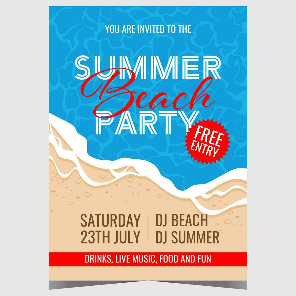 Summer beach party vector illustration design with sea waves and sandy beach on background. Promo poster, banner, invitation flyer for exotic and tropical entertainment event during vacation.