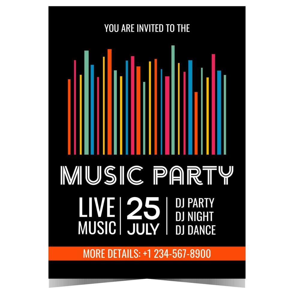 Music party banner, poster or invitation flyer with colourful stripes and white text on black background. Vector illustration in flat style for night club or disco dance club and nightlife promotion.