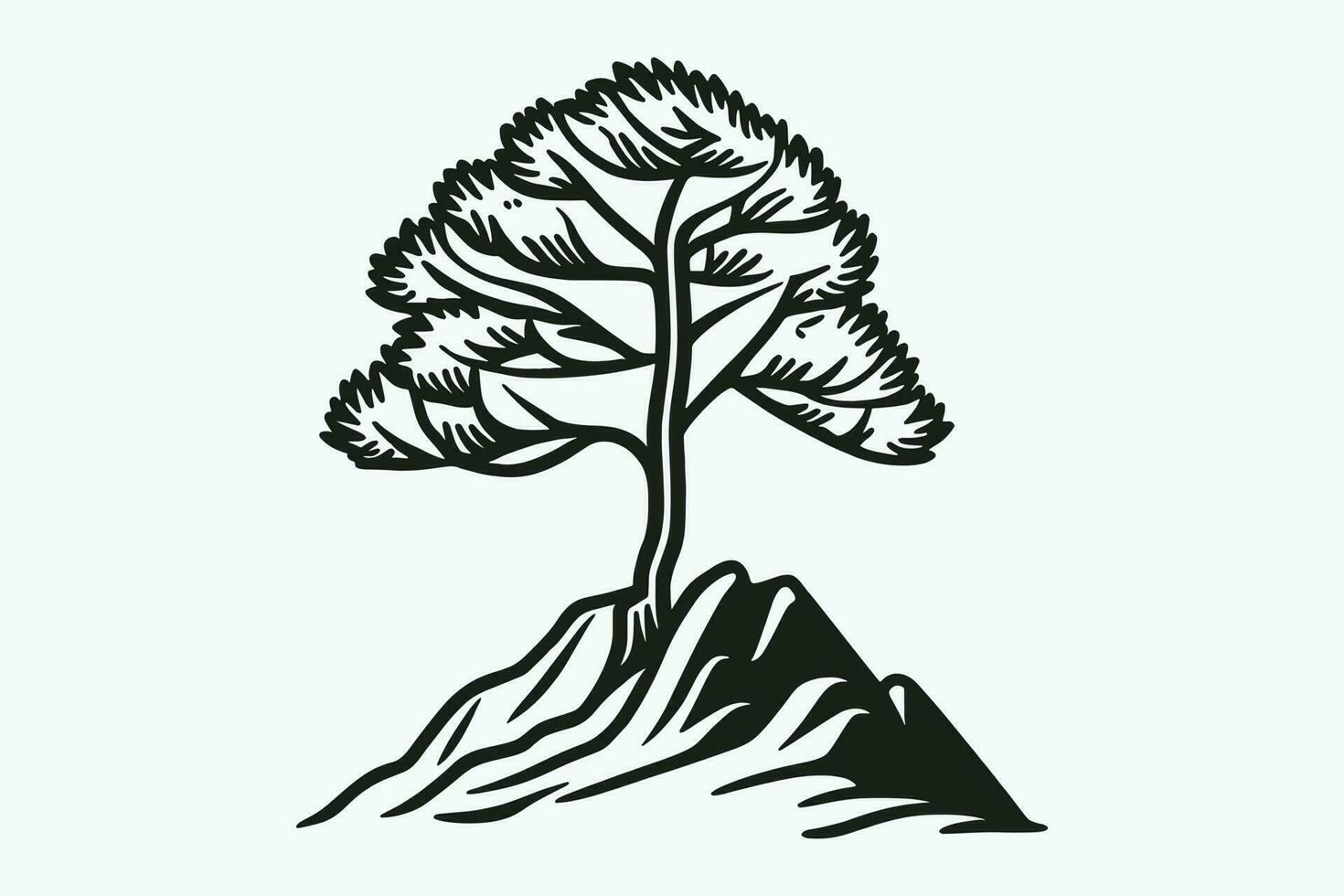 Mountain sketch, Outline Style black and white mountains and tree vector, Mountain tree icon illustration, mountain logo vector