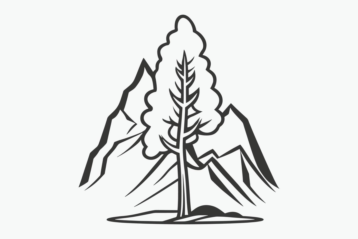 Mountain sketch, Outline Style black and white mountains and tree vector, Mountain tree icon illustration, mountain logo vector