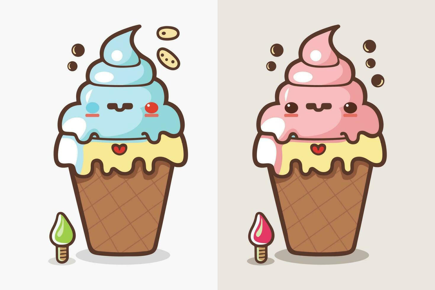 Cute Ice Cream Cartoon line art vector Icon illustration, Food drink Flat Cartoon Concept Pro Vector, Ice Cream Cartoon, Ice Cream cone, cartoon ice cream