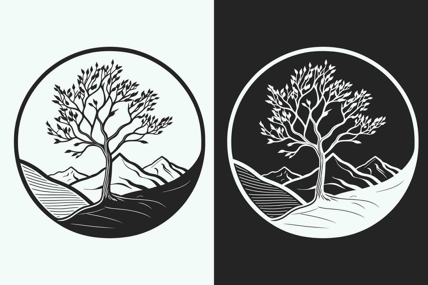 Mountain sketch, Outline Style black and white mountains and tree vector, Mountain tree icon illustration, mountain logo vector