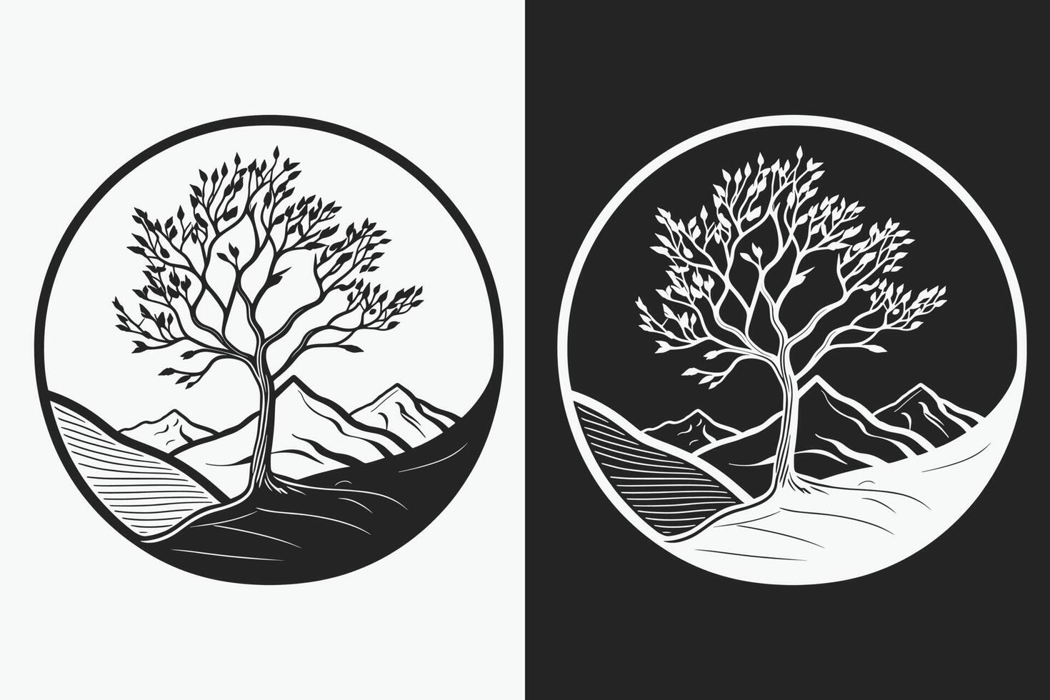 Mountain sketch, Outline Style black and white mountains and tree vector, Mountain tree icon illustration, mountain logo vector