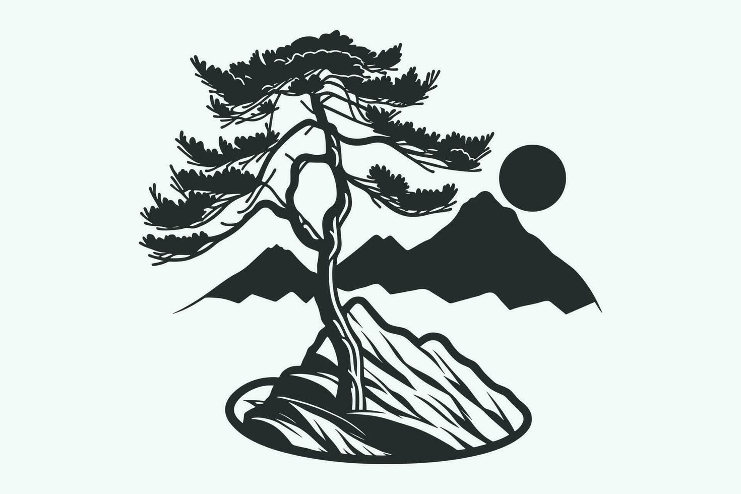 montaña bosquejo, contorno estilo negro y blanco montañas y árbol vector, montaña árbol icono ilustración, montaña logo vector