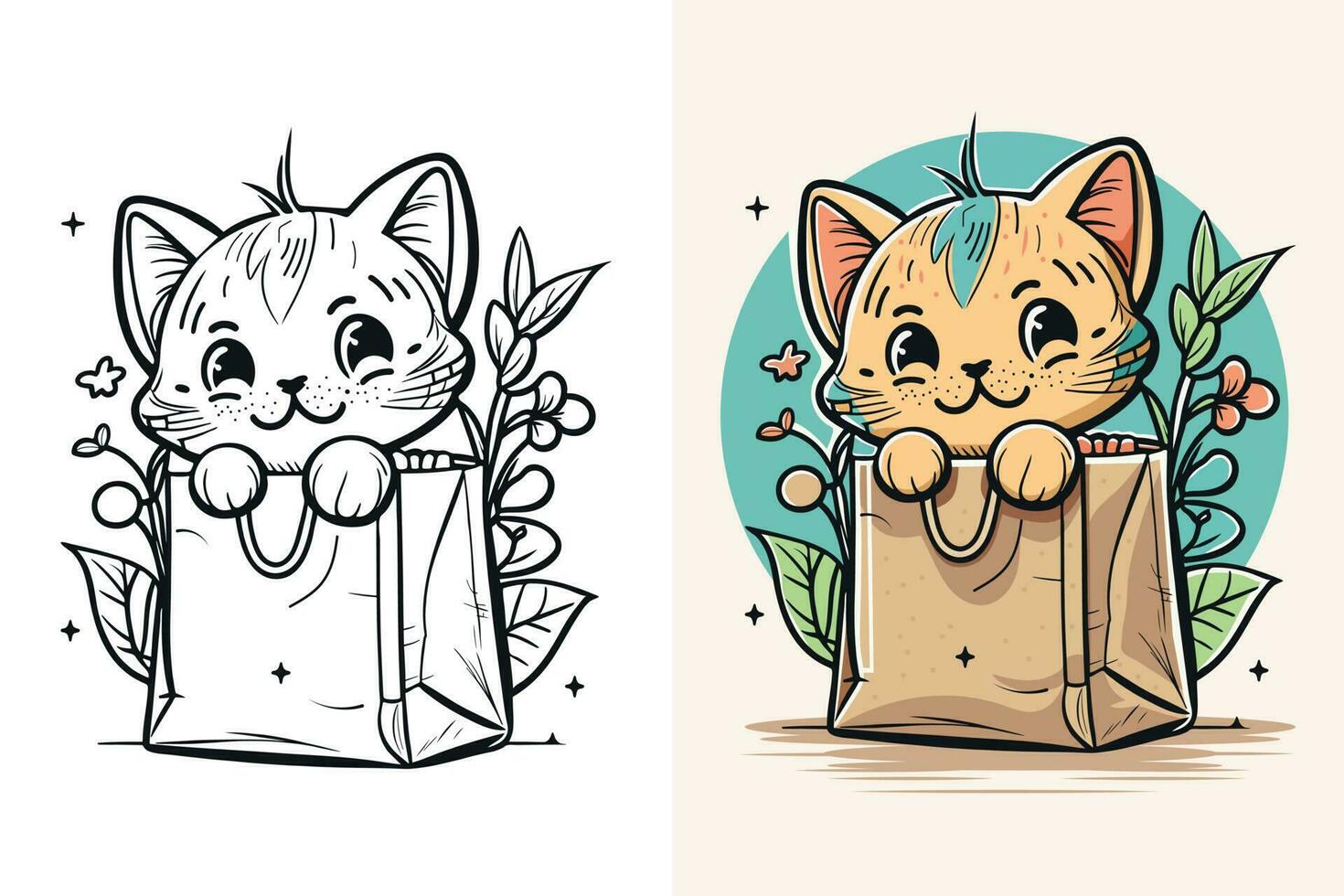 The character of a Little cat in a paper shopping bag, Cute cat, Cat cartoon, Cat drawing, Cat mascot vector