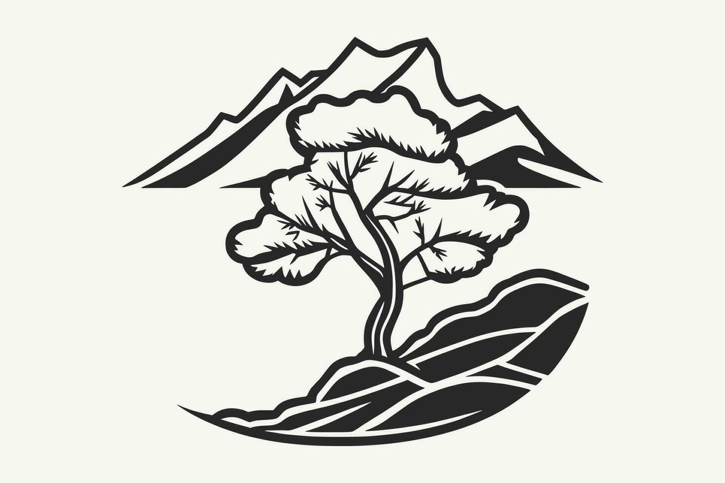 montaña bosquejo, contorno estilo negro y blanco montañas y árbol vector, montaña árbol icono ilustración, montaña logo vector
