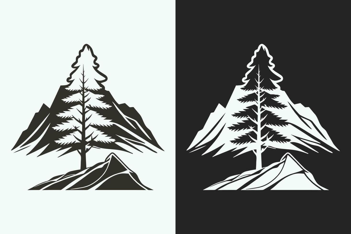 montaña bosquejo, contorno estilo negro y blanco montañas y árbol vector, montaña árbol icono ilustración, montaña logo vector