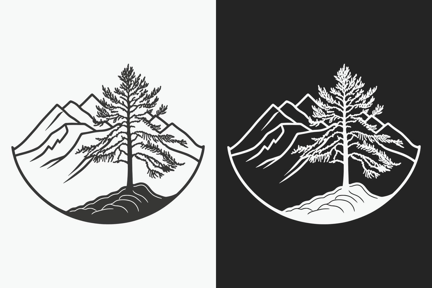 Mountain sketch, Outline Style black and white mountains and tree vector, Mountain tree icon illustration, mountain logo vector