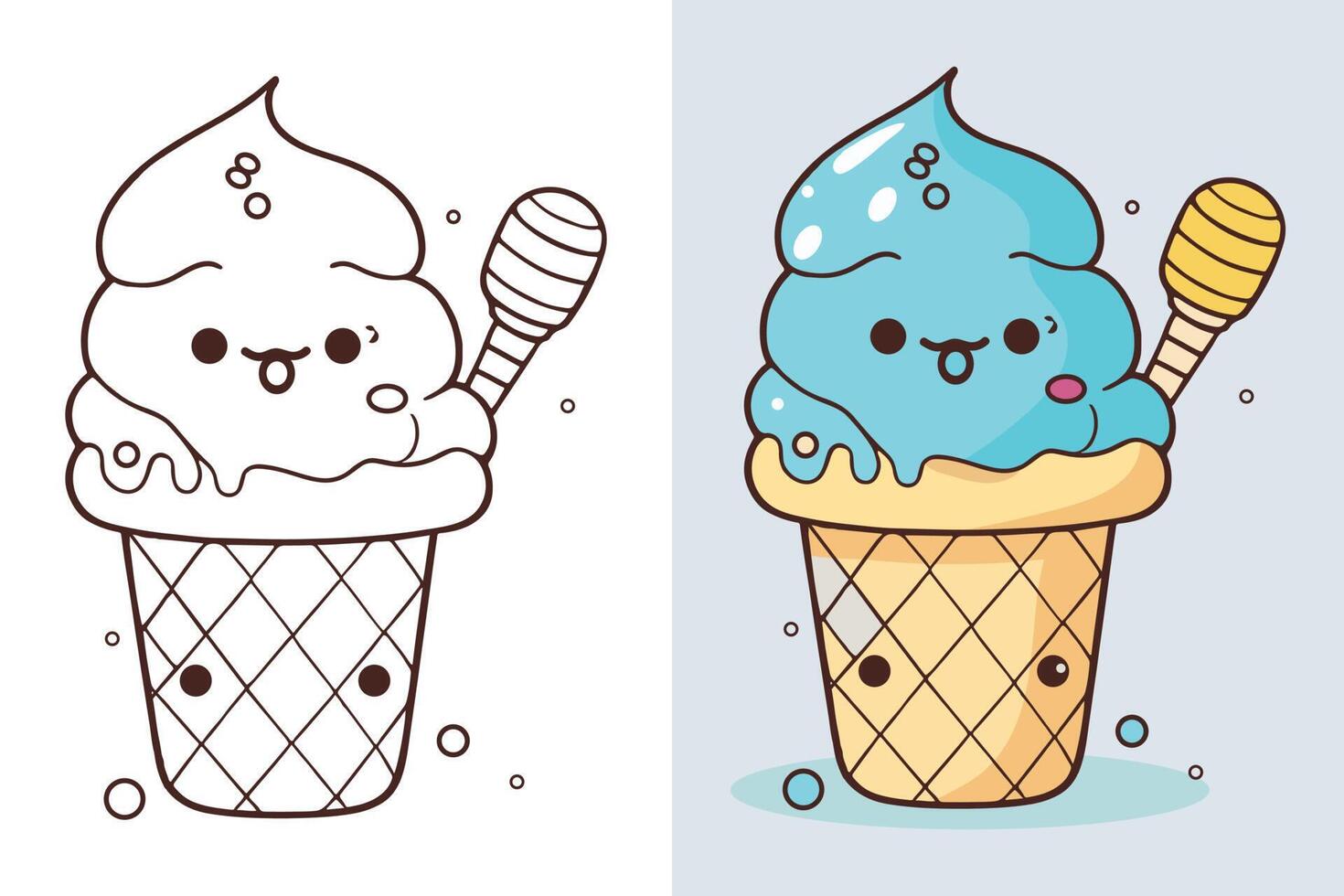 Cute Ice Cream Cartoon line art vector Icon illustration, Food drink Flat Cartoon Concept Pro Vector, Ice Cream Cartoon, Ice Cream cone, cartoon ice cream