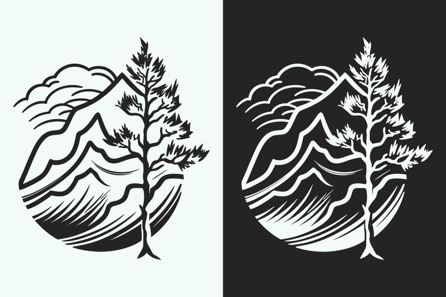 Mountain sketch, Outline Style black and white mountains and tree vector, Mountain tree icon illustration, mountain logo vector