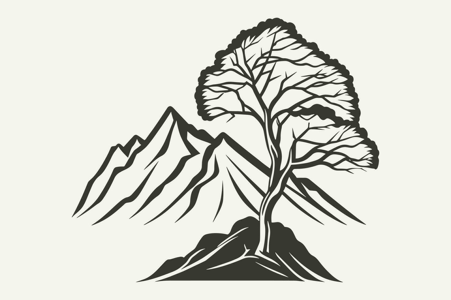 montaña bosquejo, contorno estilo negro y blanco montañas y árbol vector, montaña árbol icono ilustración, montaña logo vector