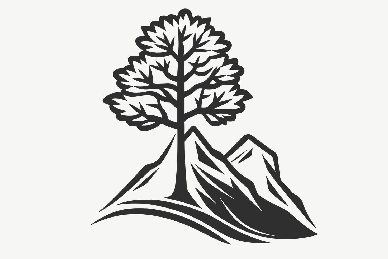Mountain sketch, Outline Style black and white mountains and tree vector, Mountain tree icon illustration, mountain logo vector