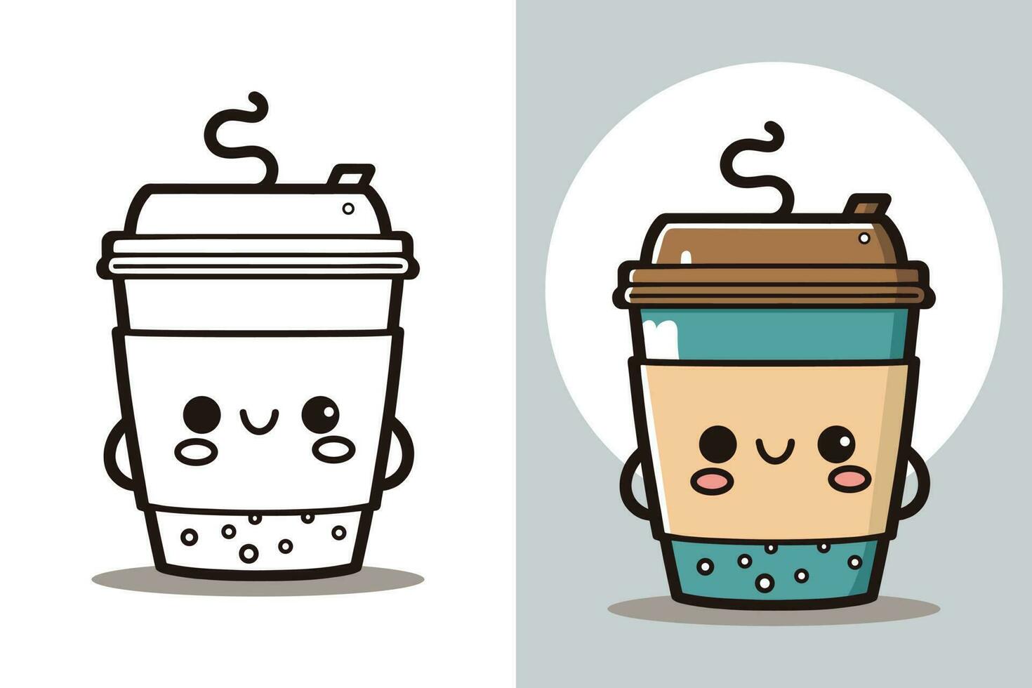 Coffee Cup Logo, Cute Coffee Cup Cartoon line art colorful Vector