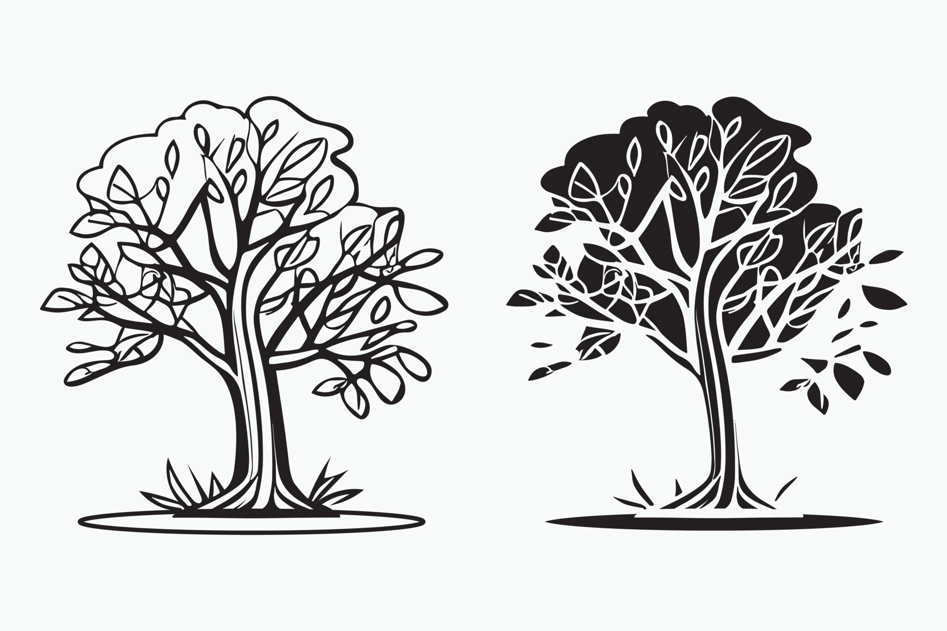 Tree line art vector, Tree silhouette vector, Black and white tree art