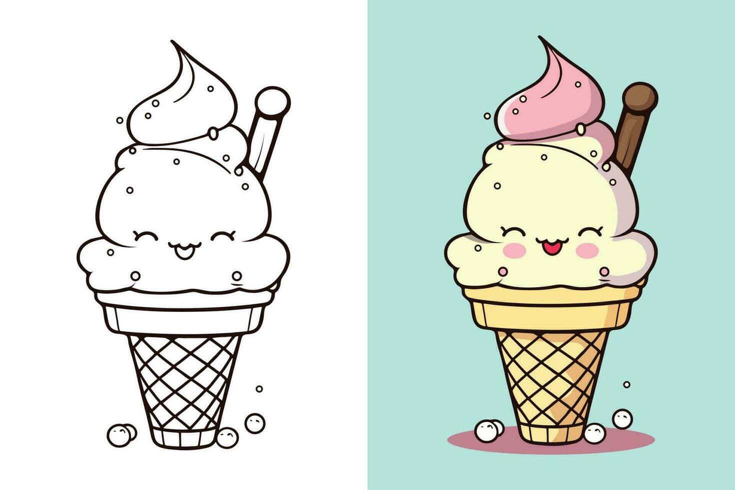 Cute Ice Cream Cartoon line art vector Icon illustration, Food drink Flat Cartoon Concept Pro Vector, Ice Cream Cartoon, Ice Cream cone, cartoon ice cream