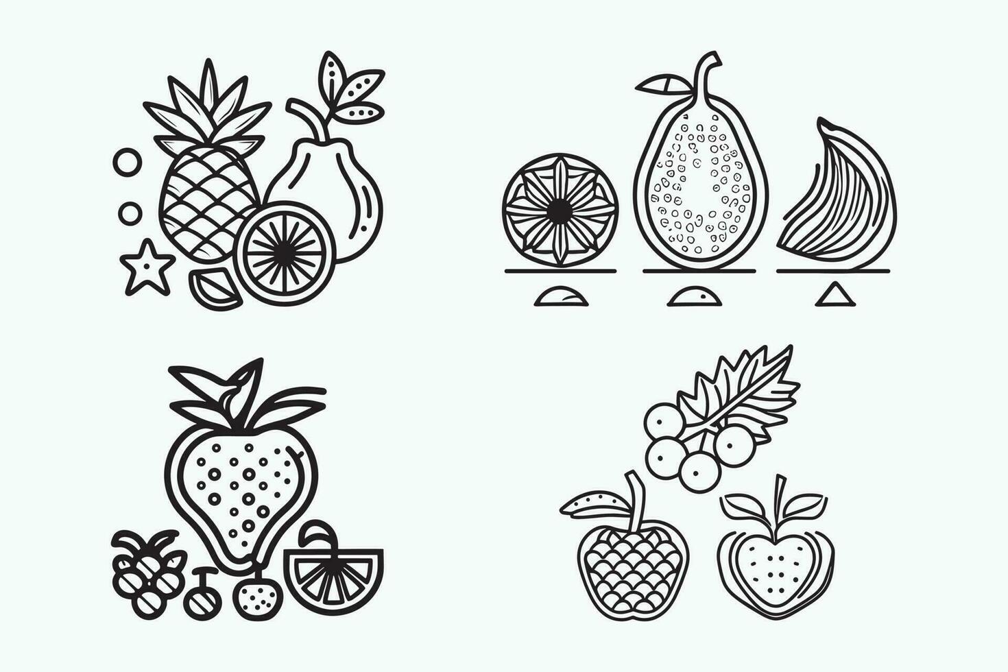 Fruta icono colocar, dibujos animados frutas aislado en blanco fondo, sencillo arte lineal contorno elementos recopilación, limpiar sencillo diseño vector