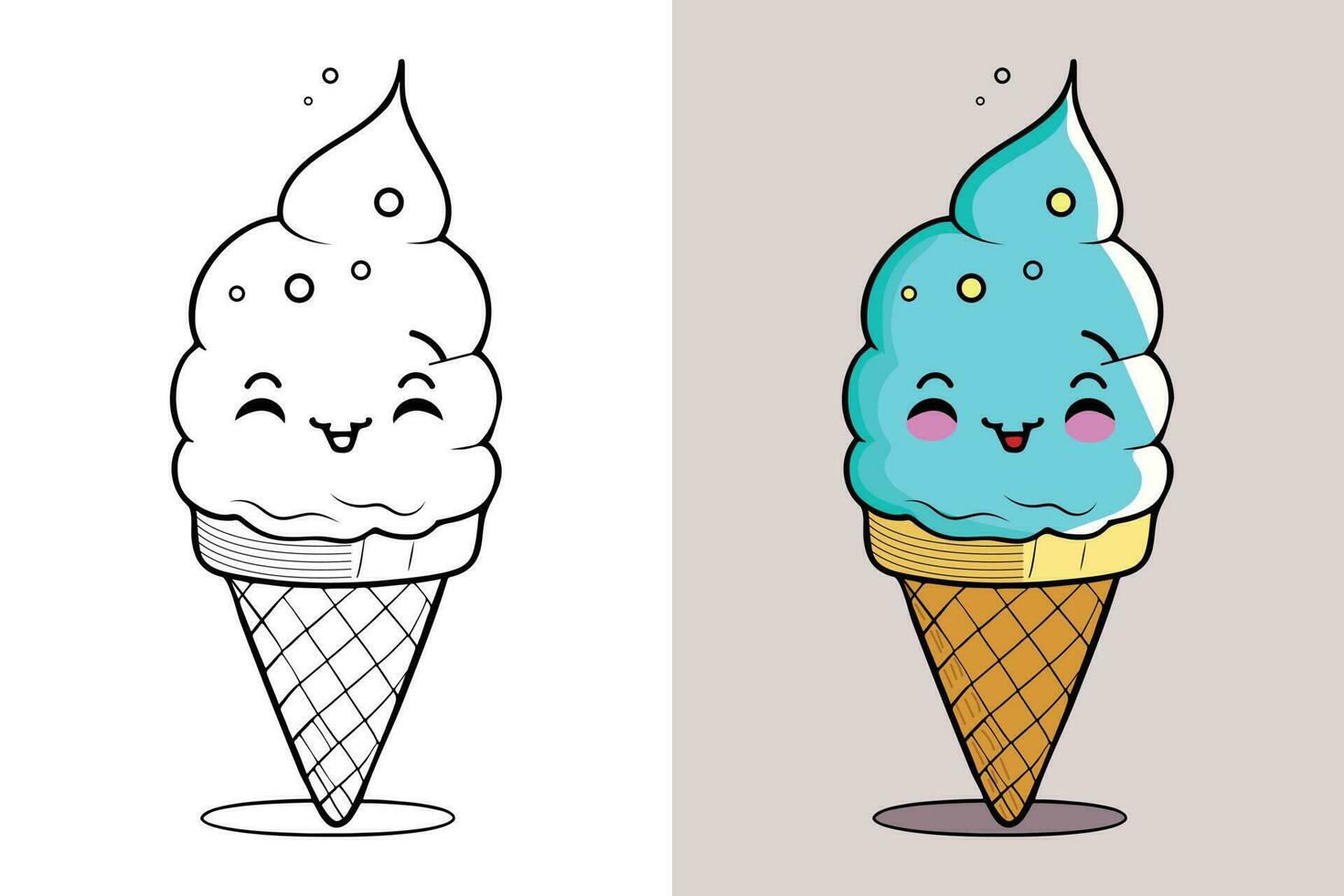 Cute Ice Cream Cartoon line art vector Icon illustration, Food drink Flat Cartoon Concept Pro Vector, Ice Cream Cartoon, Ice Cream cone, cartoon ice cream