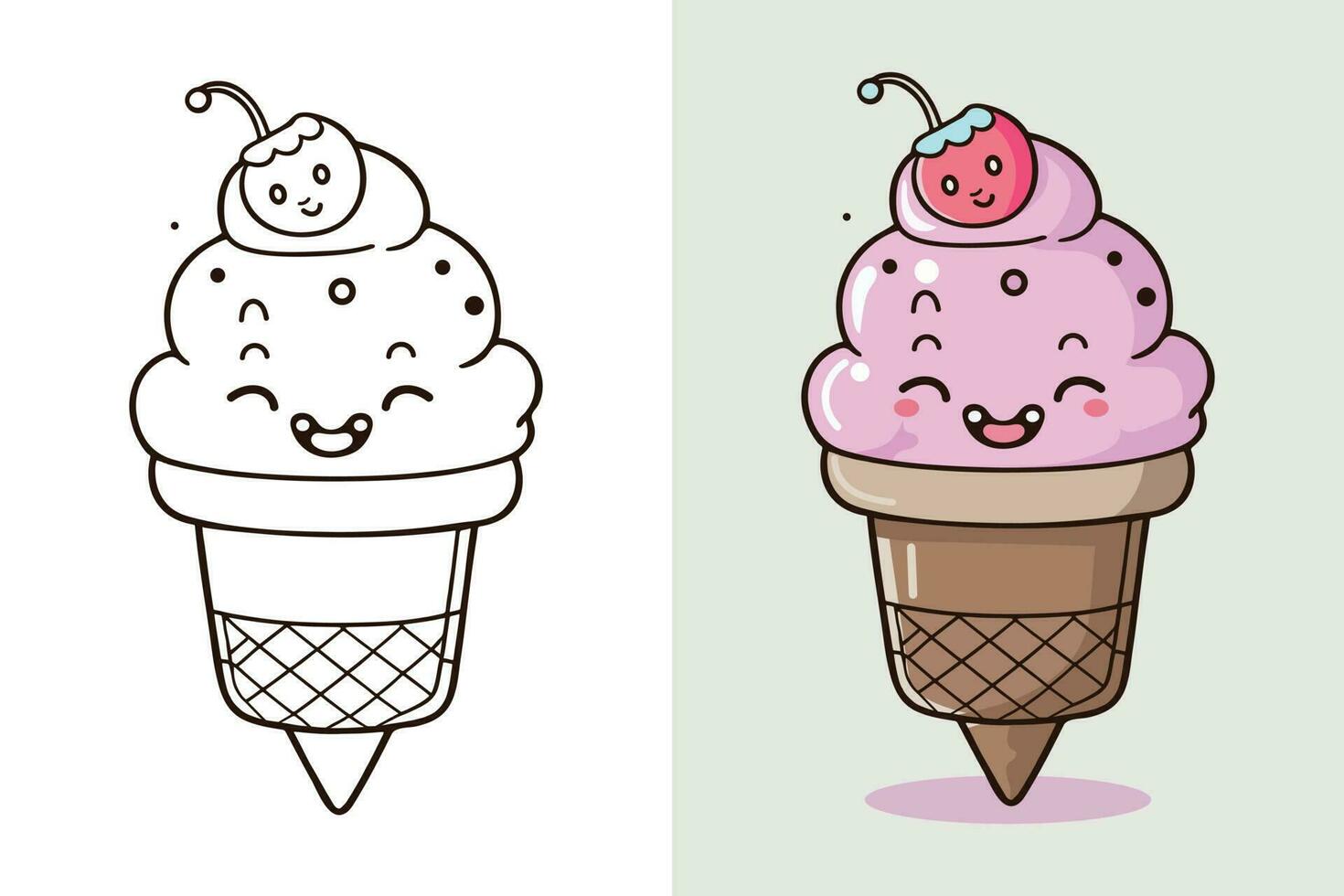 Cute Ice Cream Cartoon line art vector Icon illustration, Food drink Flat Cartoon Concept Pro Vector, Ice Cream Cartoon, Ice Cream cone, cartoon ice cream