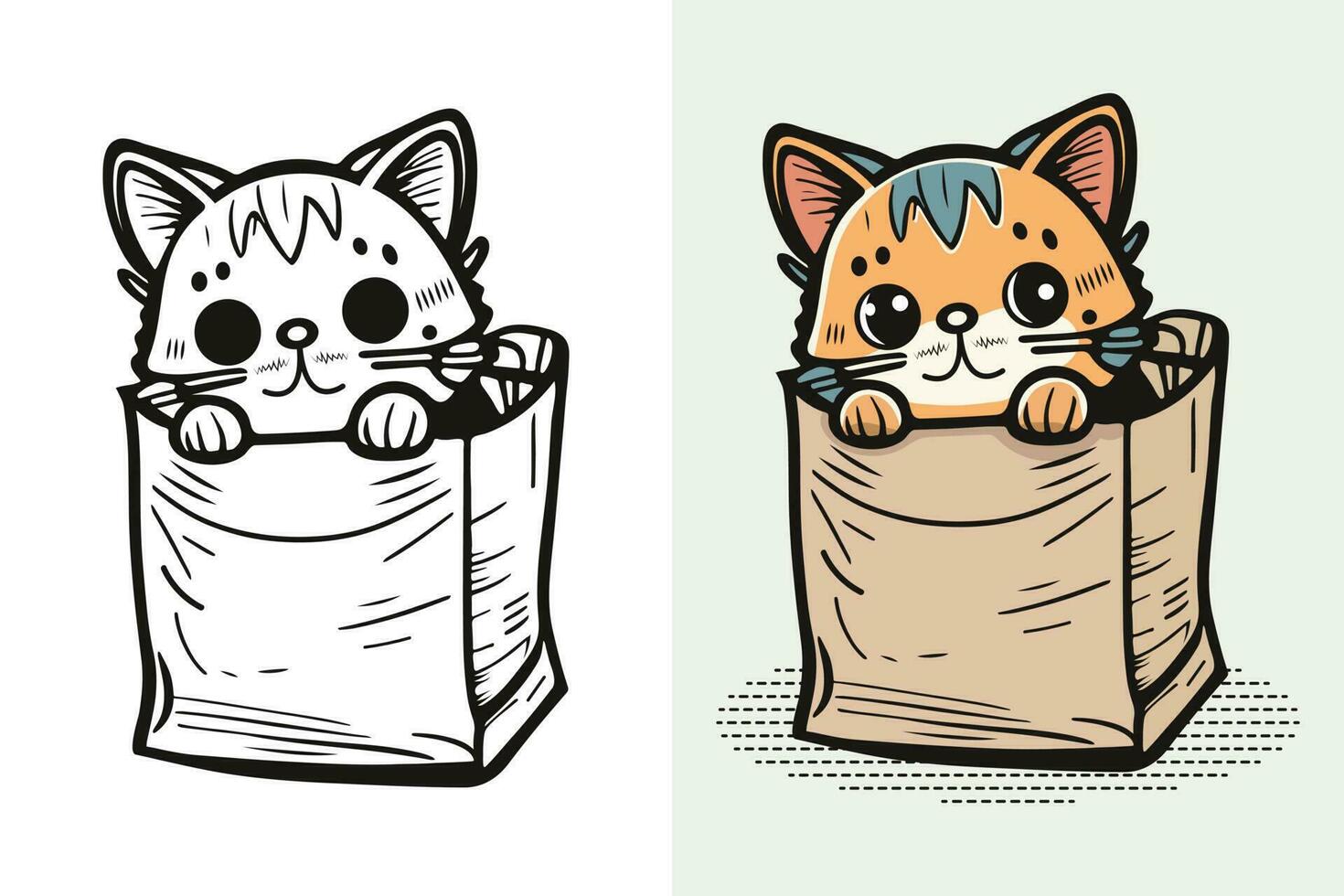 el personaje de un pequeño gato en un papel compras bolsa, linda gato, gato dibujos animados, gato dibujo, gato mascota vector