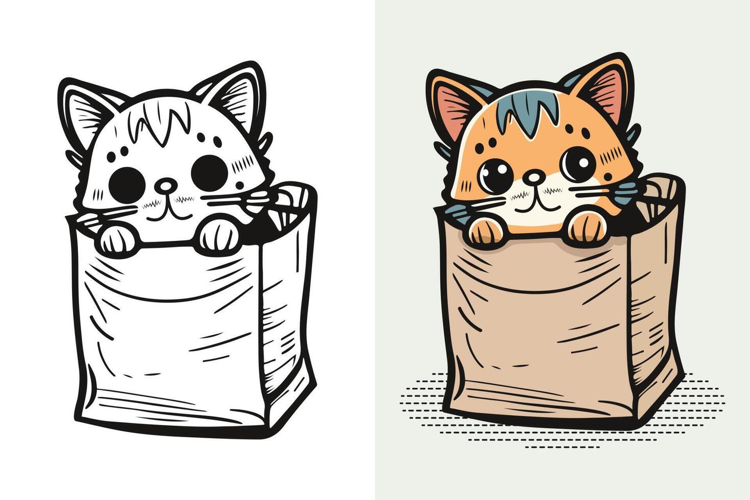 The character of a Little cat in a paper shopping bag, Cute cat, Cat cartoon, Cat drawing, Cat mascot vector