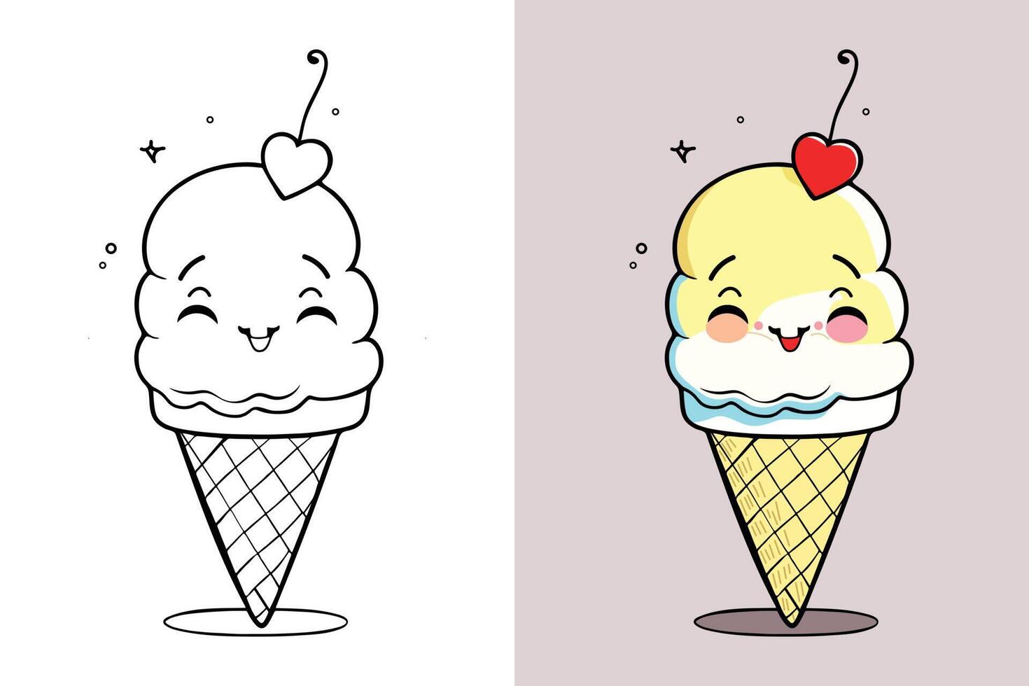 Cute Ice Cream Cartoon line art vector Icon illustration, Food drink Flat Cartoon Concept Pro Vector, Ice Cream Cartoon, Ice Cream cone, cartoon ice cream