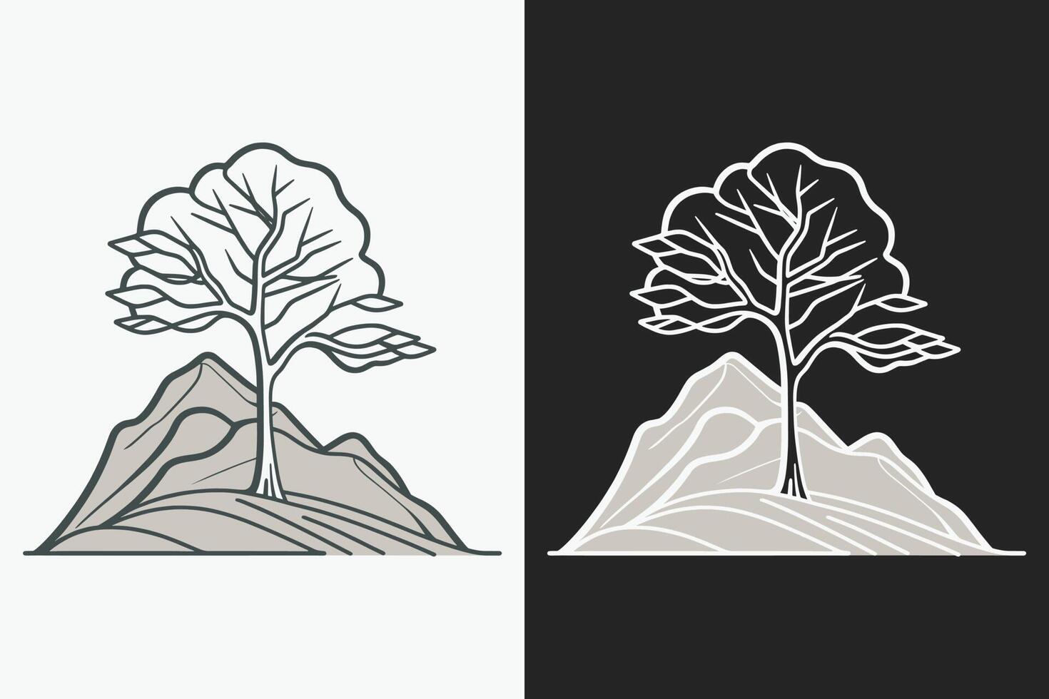 Mountain sketch, Outline Style black and white mountains and tree vector, Mountain tree icon illustration, mountain logo vector