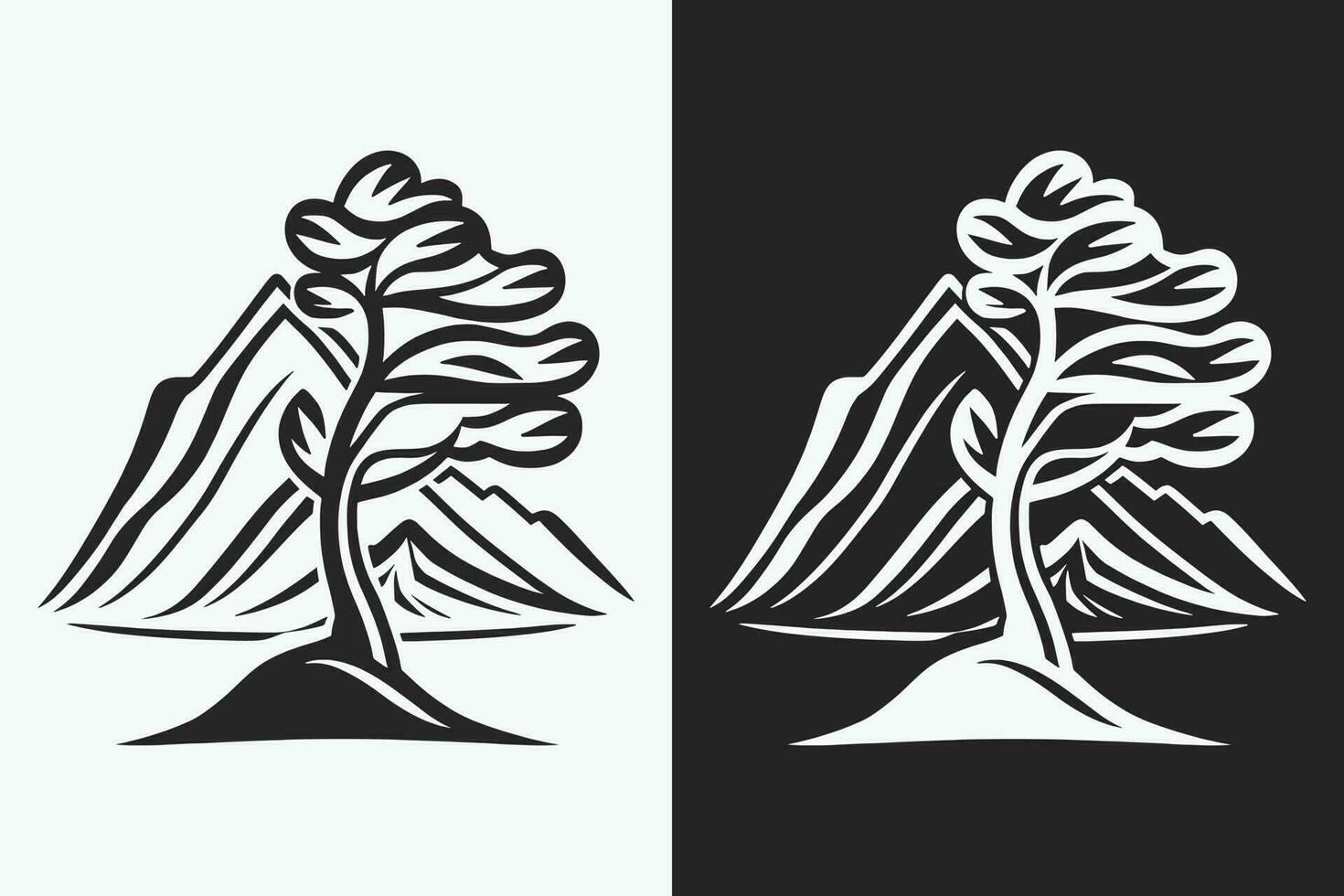 Mountain sketch, Outline Style black and white mountains and tree vector, Mountain tree icon illustration, mountain logo vector