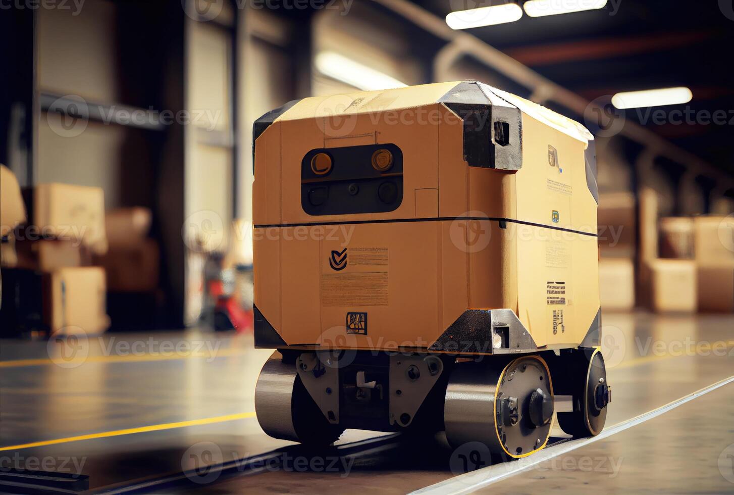 Robot AGV transporting cardboard box in warehouse background. Technology innovation and delivery concept. photo