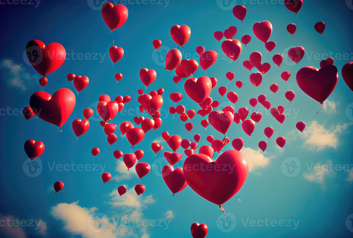 muchos rojo globo en corazón forma partículas volador en el aire con azul cielo antecedentes. san valentin día concepto. generativo ai foto