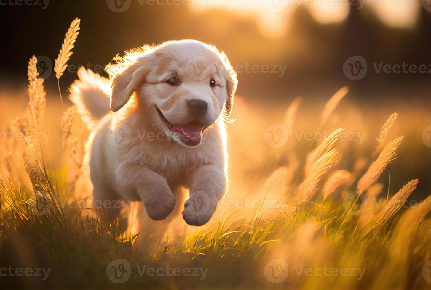 Happy cute puppet Golden Retriever dog running in the meadow on golden sunlight background. photo