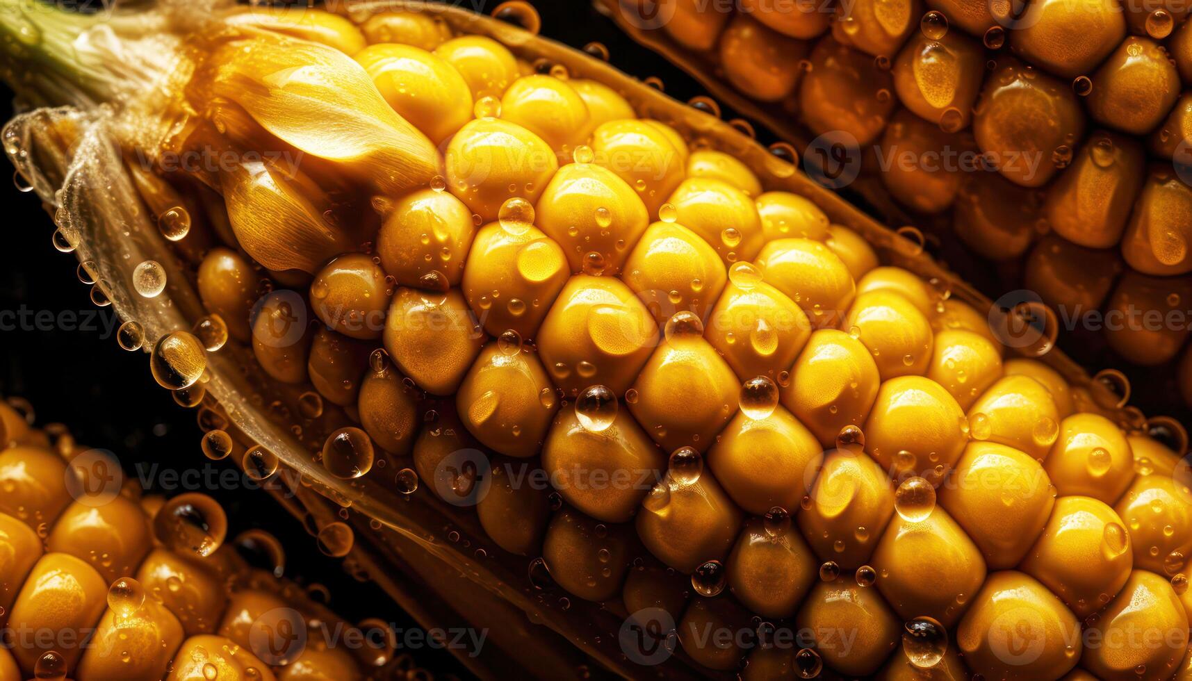 Close up of clean Corn with water drop in dark black background. Fresh fruit and Vegetable concept. Nutrition and vitamin theme. photo