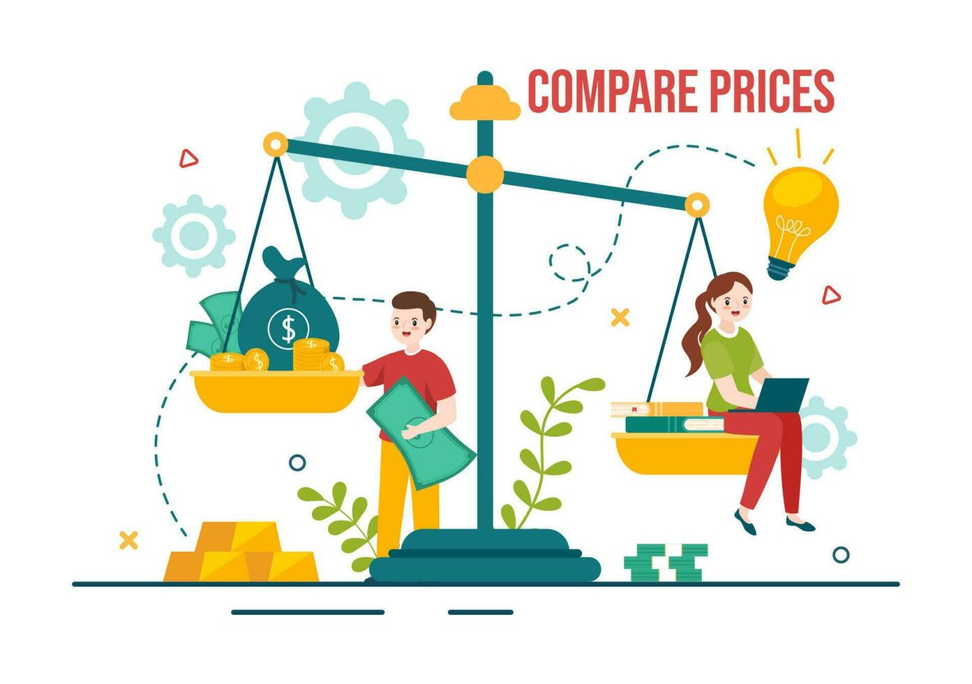 comparar precios vector ilustración de inflación en economía, escamas con precio y valor bienes en plano dibujos animados mano dibujado aterrizaje página plantillas