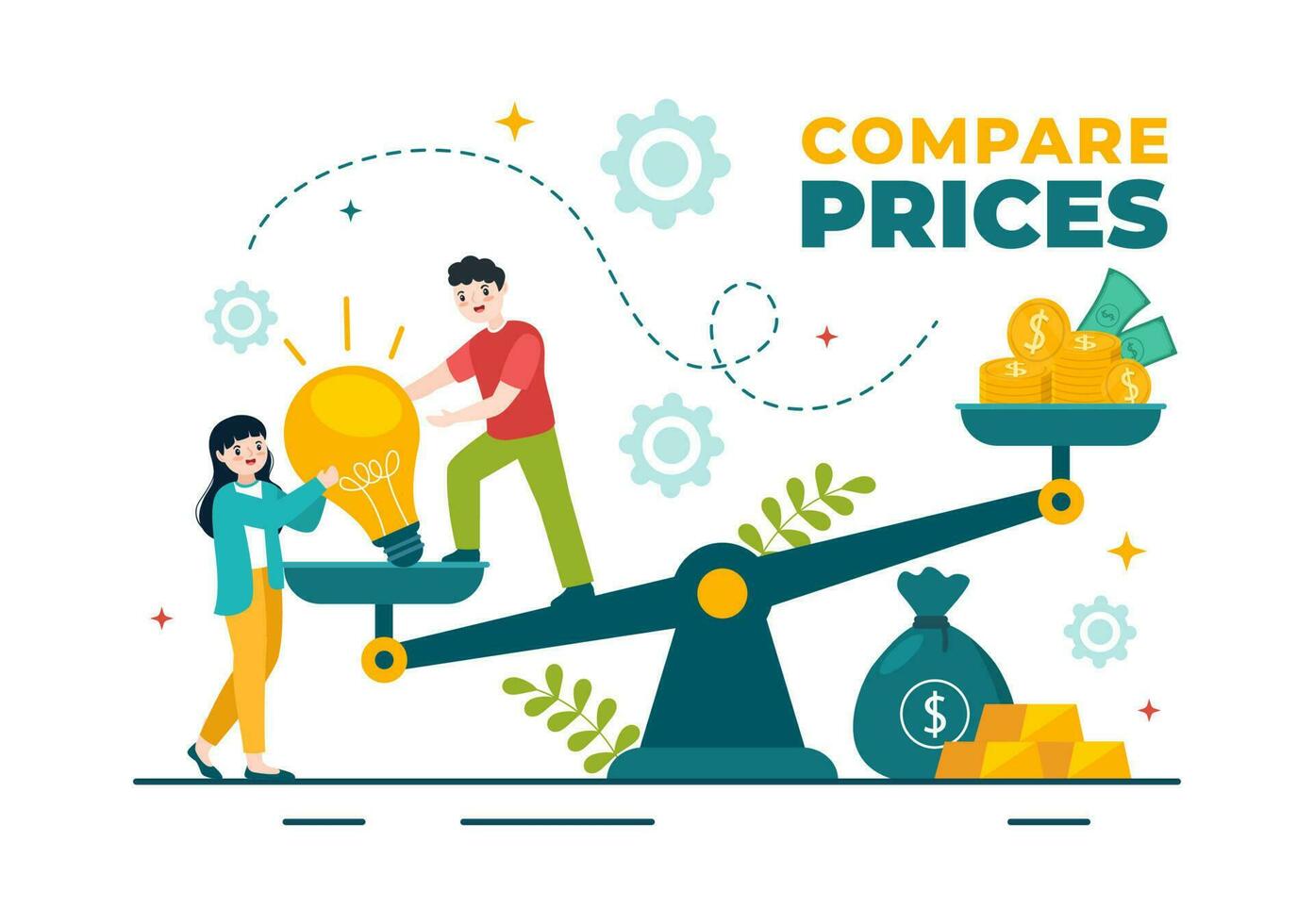 comparar precios vector ilustración de inflación en economía, escamas con precio y valor bienes en plano dibujos animados mano dibujado aterrizaje página plantillas