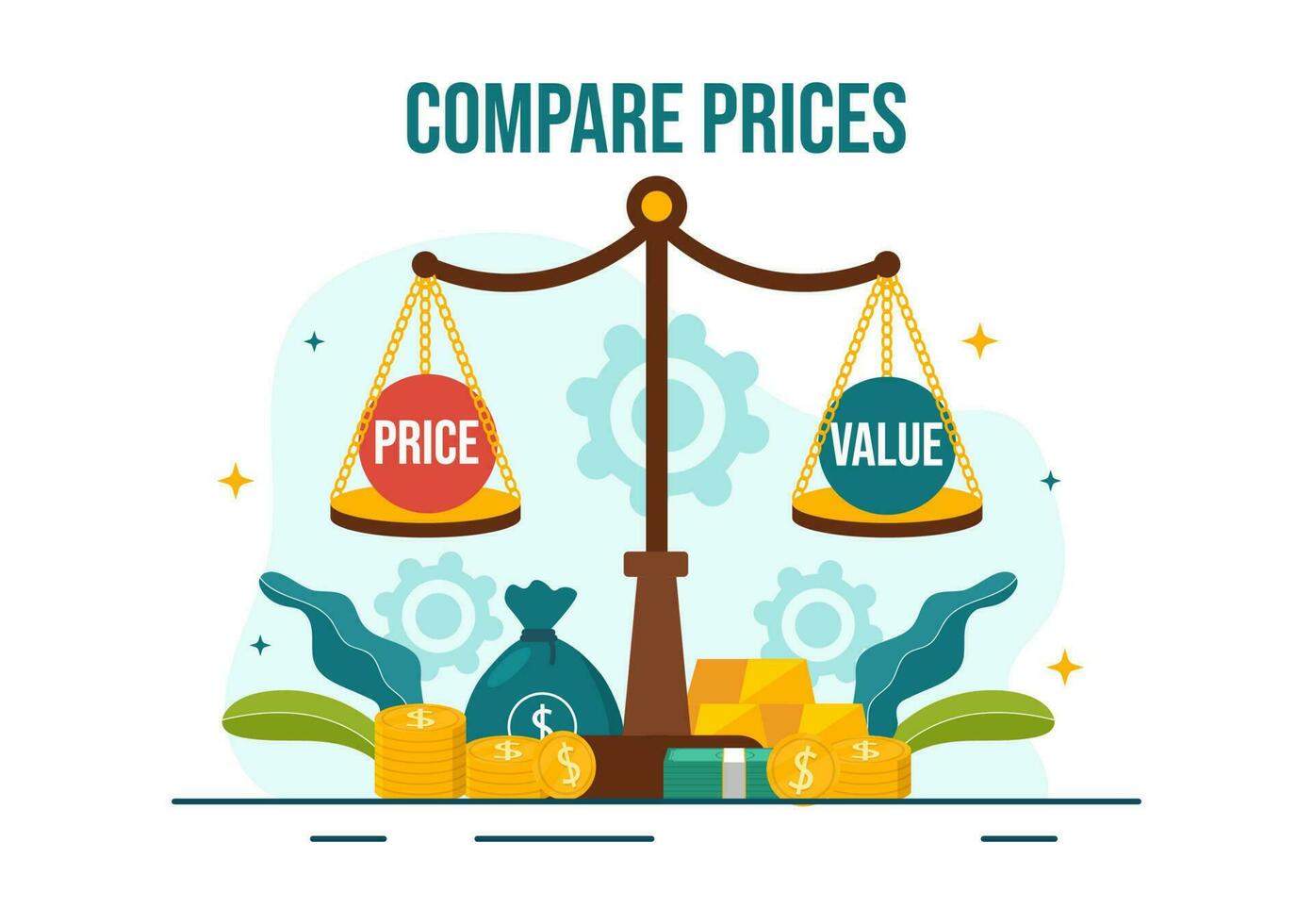 comparar precios vector ilustración de inflación en economía, escamas con precio y valor bienes en plano dibujos animados mano dibujado aterrizaje página plantillas