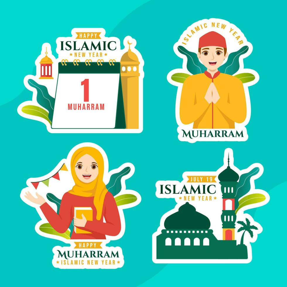 Happy Muharram Islamic New Year Label Flat Cartoon Hand Drawn Templates Background Illustration vector