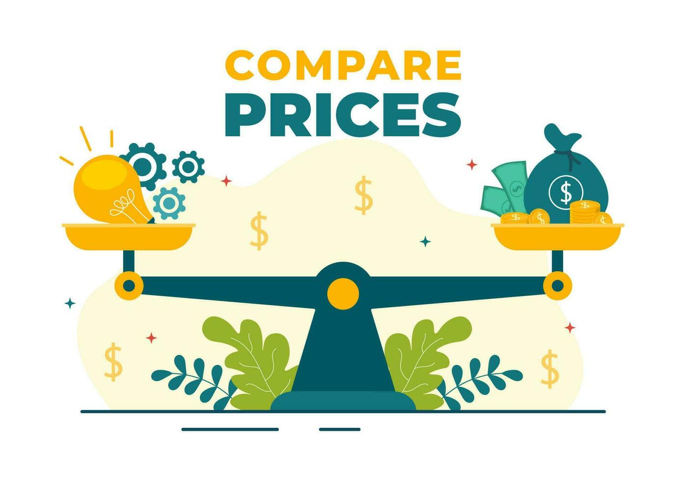 comparar precios vector ilustración de inflación en economía, escamas con precio y valor bienes en plano dibujos animados mano dibujado aterrizaje página plantillas